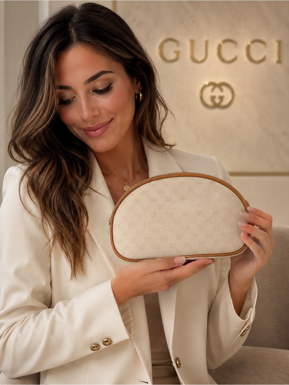 Gucci GG Monogram Cosmetic Makeup Bag Beige Tan Made in Italy Rare Vintage